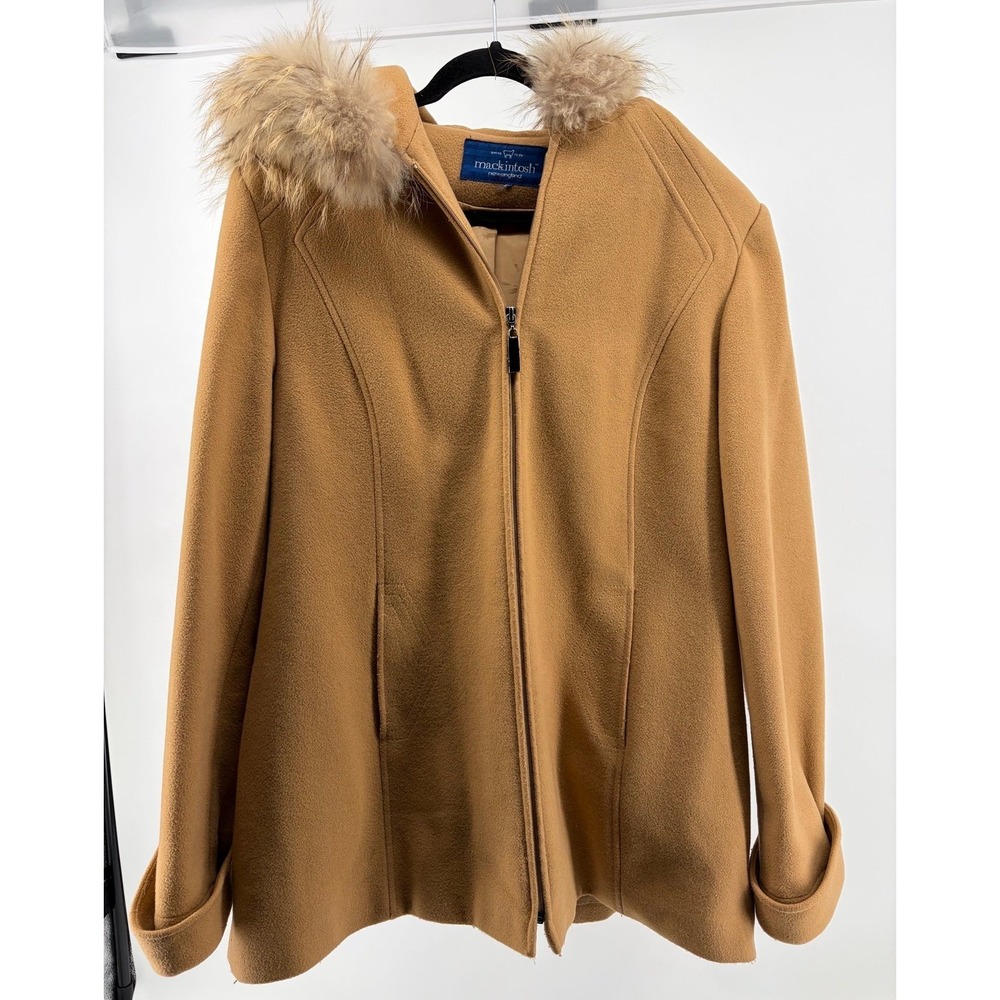 VTG Mackintosh Camel Wool Coat Hooded 100% Raccoon Fur Full Zip Warm Coat 16